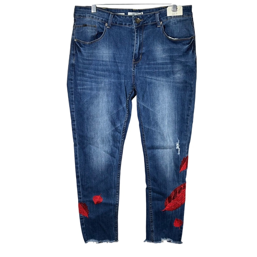 AQ Jeans Women's Size 14 Skinny High‎ Waist Blue Denim Red Leaf Embroidered NWT